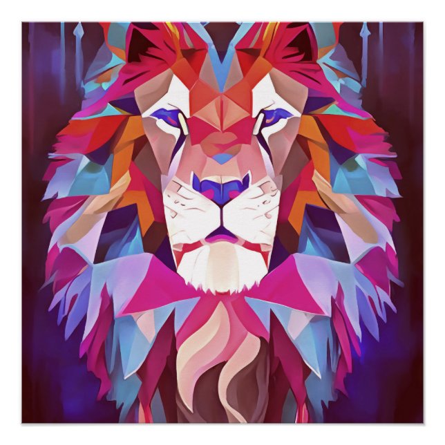 Poster Lion géométrique magenta Art Abstrait (Devant)