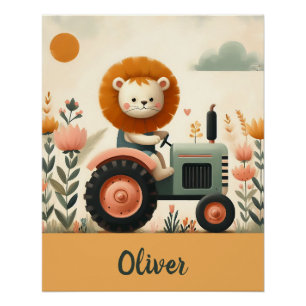 Poster Lion mignon sur l'aventure du tracteur