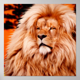 Poster Lion Orange Ciel Africain Photo Peinture