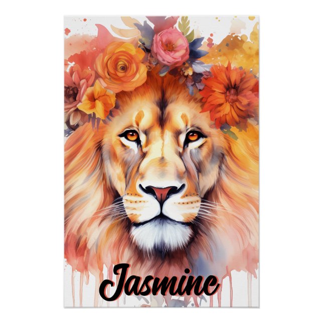 Poster Lion Pastel Fleurs Safari Aquarelle Savannah Chat (Devant)