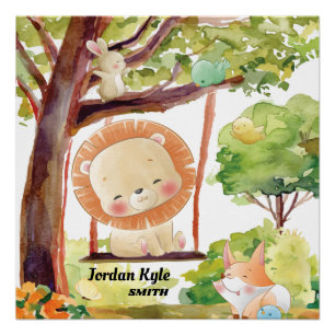 Poster Lion, Renard, Lapin et Oiseaux Brut Nature