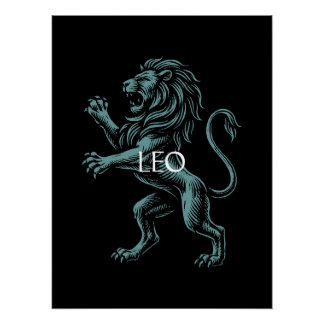 Poster Lion Zodiaque – Lion Vintage Sarcelle sur Fond Noi
