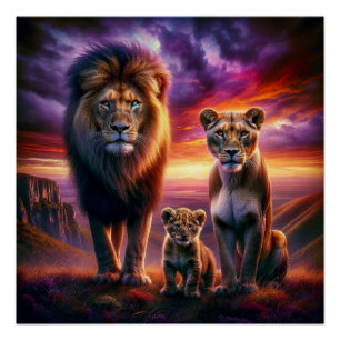 Poster Lions majestueux au coucher du soleil en Afrique S