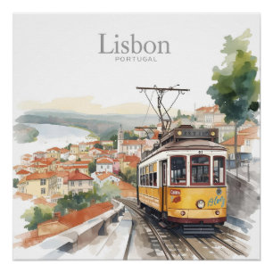 Poster Lisbonne Portugal skyline - tram Vintage Travel Ar