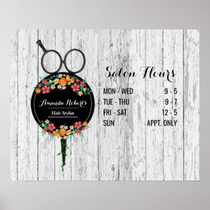 Poster Liste de cheveux Ciseaux Vintage Floral Salon Heur