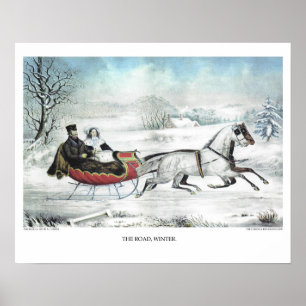 Poster Lithographie de Currier & Ives : LA ROUTE, L'HIVER