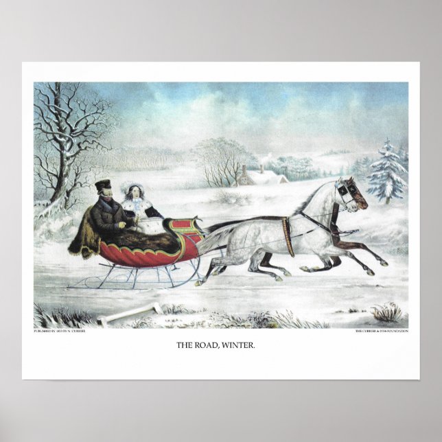 Poster Lithographie de Currier & Ives : LA ROUTE, L'HIVER (Devant)