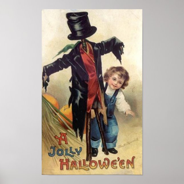 Poster Little Boy & Scarecrow Halloween Vintage (Devant)