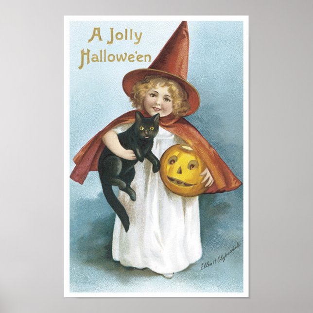 Poster Little Girl and Black Cat Jolly Halloween (Devant)