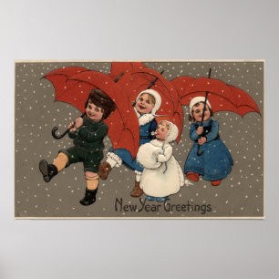 Poster Little Kids with Umbrellas