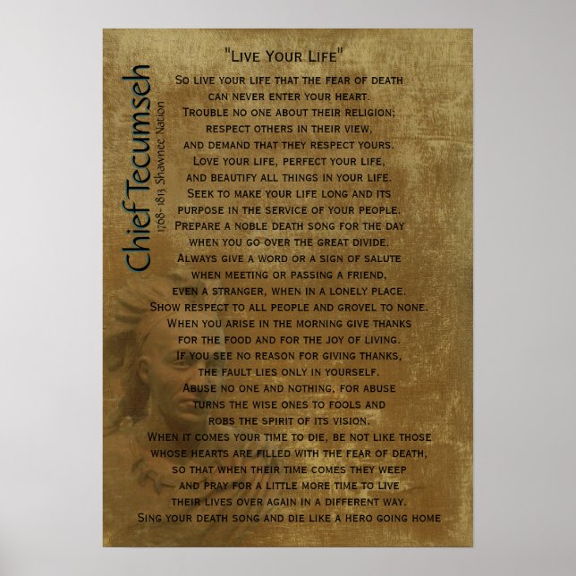Poster "Live Your Life"  on old parchment, Chief Tecumseh (Devant)