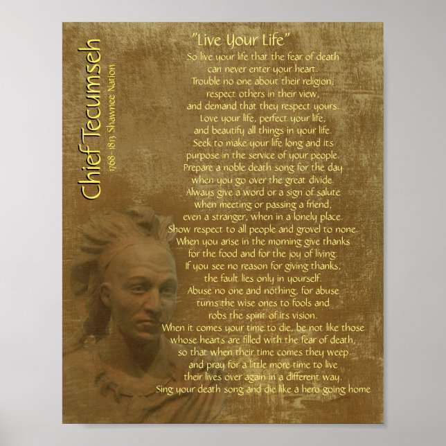 Poster "Live Your Life"  on old parchment, Chief Tecumseh (Devant)