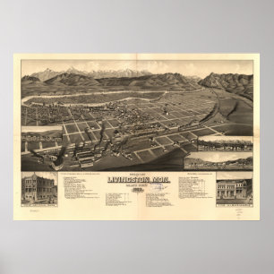 Poster Livingston Montana 1883 Carte panoramique antique