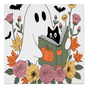 Poster Livre de lecture de fantôme d'Halloween Chat