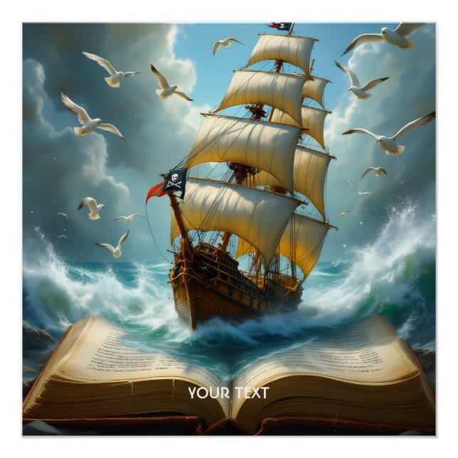Poster Livre de l'océan de bateau de fantaisie mignon (Devant)