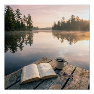 Poster Livre ouvert avec café sur un quai de lac