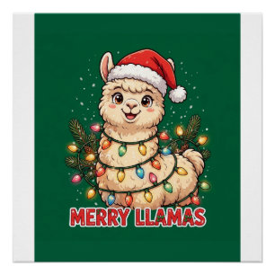 Poster Llamas Joyeux Drôle de Llama Chapeau de Père Noël