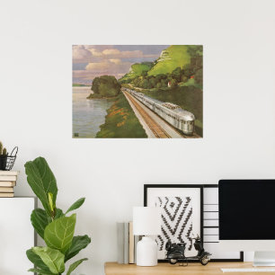 Poster Locomotive vintage en campagne, Vacances en train