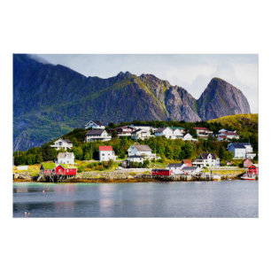 Poster Lofoten Norvège Reine village sous ciel bleu solei