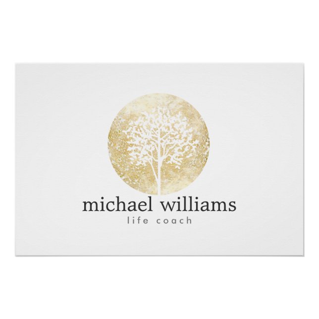 Poster Logo de l'entraîneur de vie Golden Watercolor Tree (Devant)