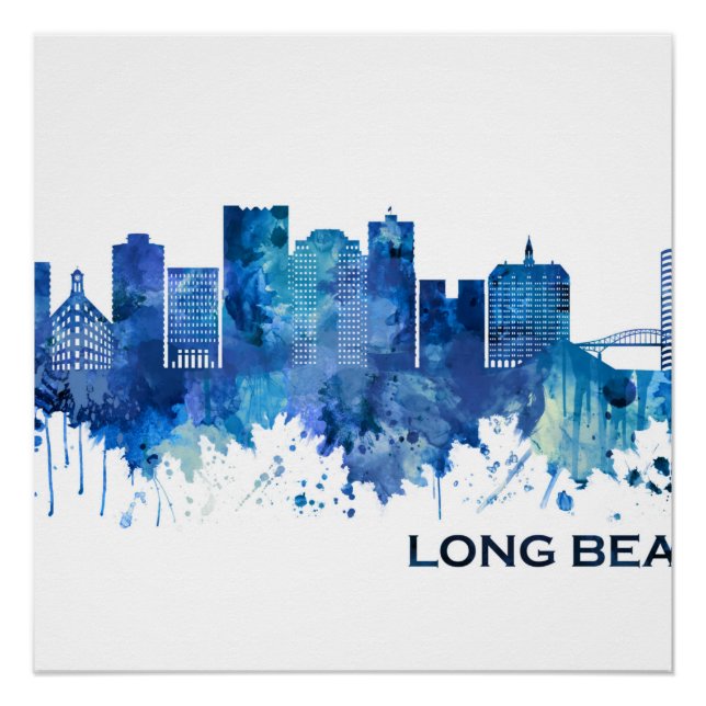 Poster Long Beach California Skyline Blue (Devant)