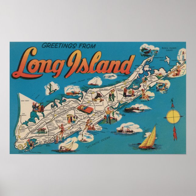Poster Long Island, New York - Salutations de (Devant)