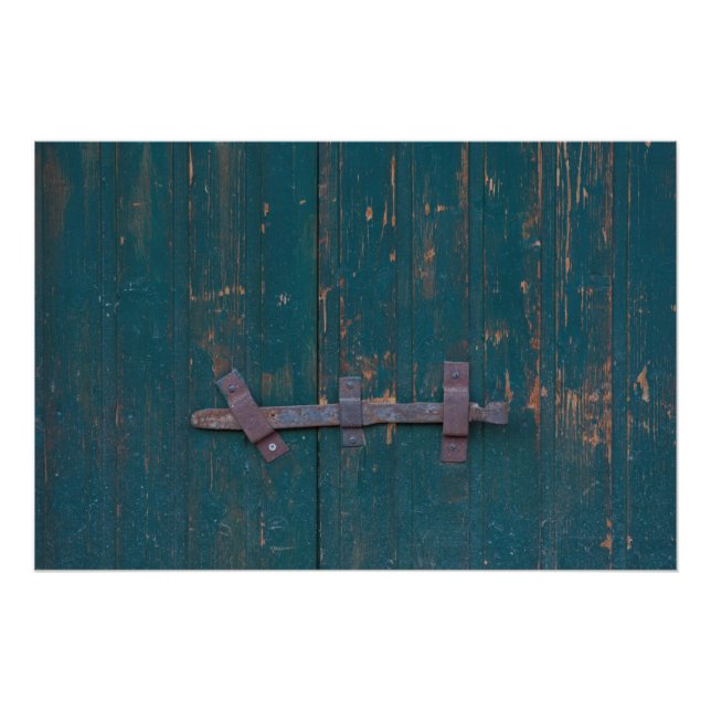 Poster Loquet de porte rouillé sur porte verte (Devant)