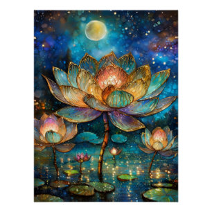 Poster Lotus de verre tendu fleurit au clair de lune