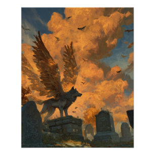 Poster Loup ailé majestueux au ciel crépusculaire