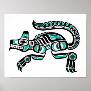 Poster Loup bleu et noir turquoise d'esprit de Haida
