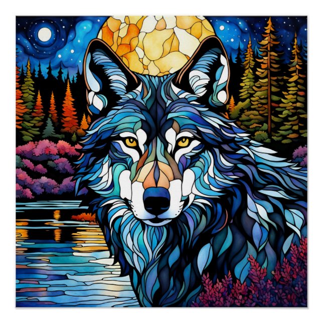 Poster Loup gris dans la forêt vitrail (Devant)