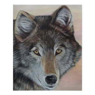 Poster loup gris peinture faunique portrait réaliste art