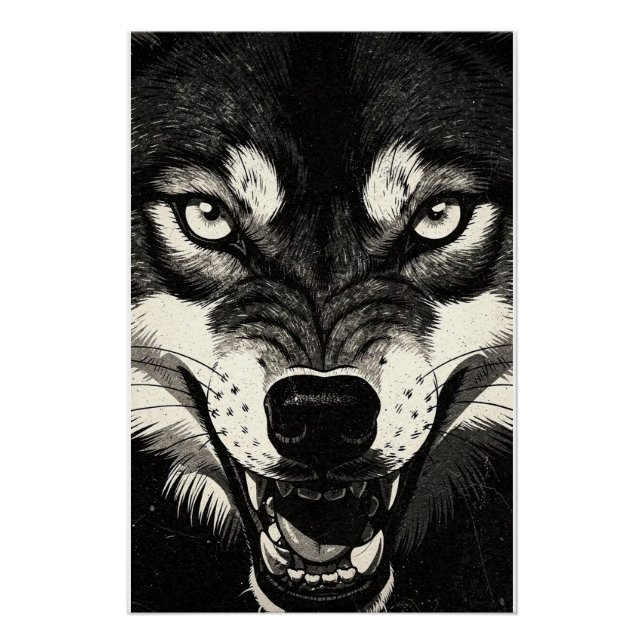 Poster Loup grognant Style Graphique Noir Blanc 50s (Devant)