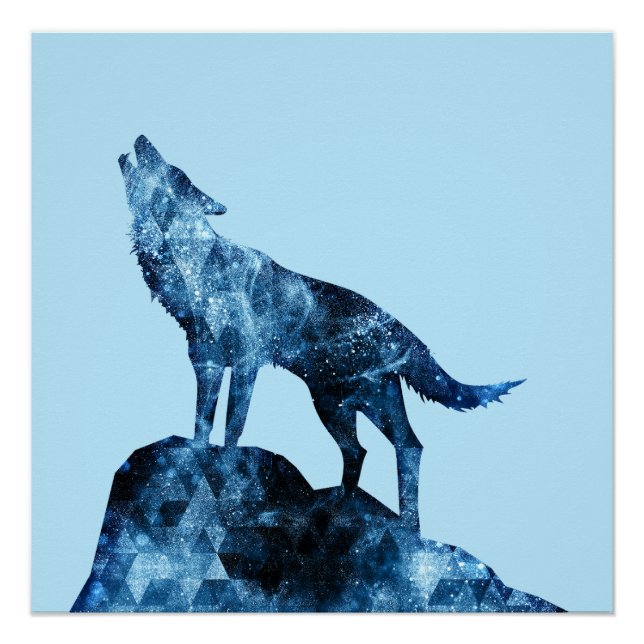 Poster Loup hurling bleu brillant fumée silhouette bleu (Devant)