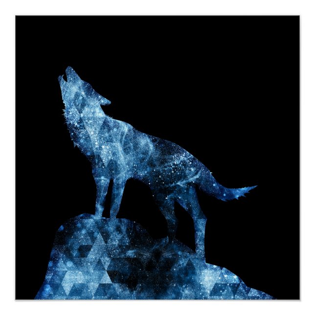 Poster Loup hurling bleu brillant silhouette fumée noir (Devant)