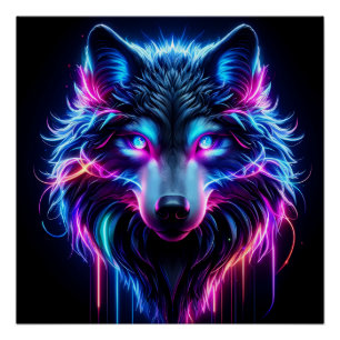 Poster Loup Néon Yeux Brûlants Animal Futuriste Cyberpunk