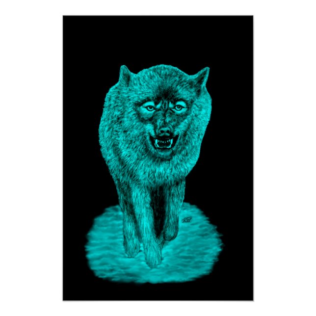 Poster Loup noir en colère dans la nuit (Devant)