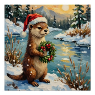Poster Loutre vintage avec couronne de Noël par Frozen