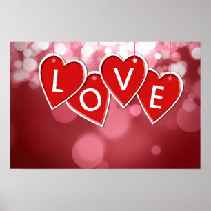 Poster Love Lettering Red Hearts