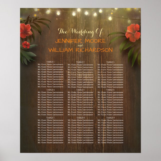 Poster Luau Tropical Beach Flowers Mariage Seating Chart (Devant)