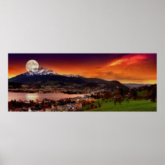 Poster Lucerne Suisse et la lune sur le mont Pilatus