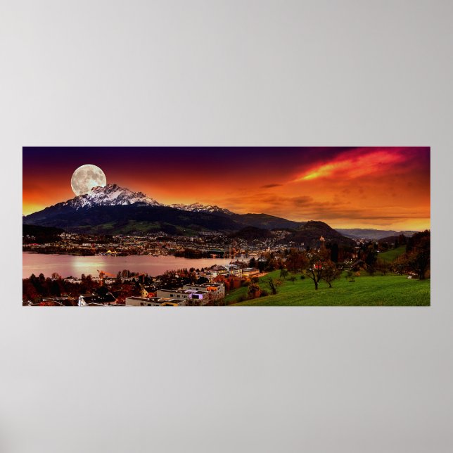 Poster Lucerne Suisse et la lune sur le mont Pilatus (Devant)