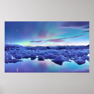 Poster Lumières du Nord sur le lac Jokulsarlon, Islande