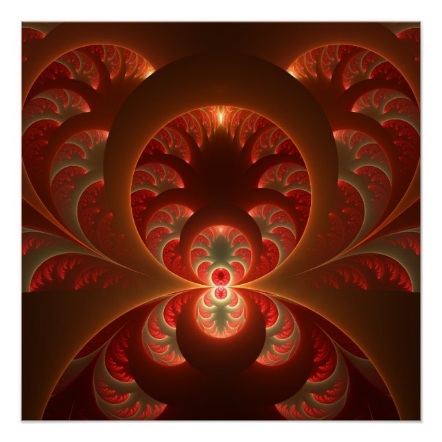 Poster Lumineux abstrait moderne orange rouge Fractale (Devant)