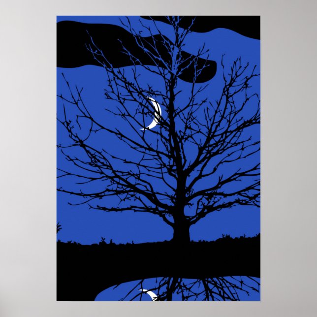 Poster Lune avec arbre, Bleu Cobalt, Noir et Blanc (Devant)