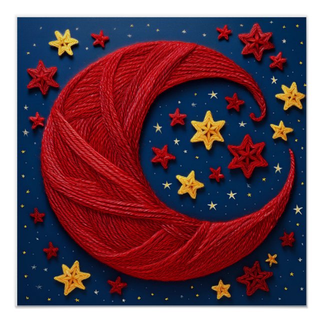 Poster Lune Croissant En Fil Rouge Avec Petites Étoiles E (Devant)