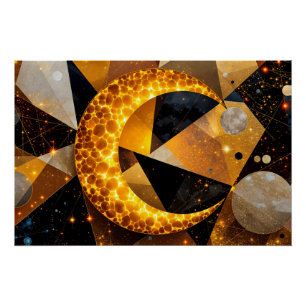Poster Lune de croissant d'or avec étoiles géométriques c