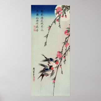 Poster Lune, hirondelles et fleurs de Pêche, Ando Hiroshi