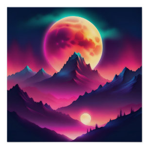 Poster lune montante entre les montagnes