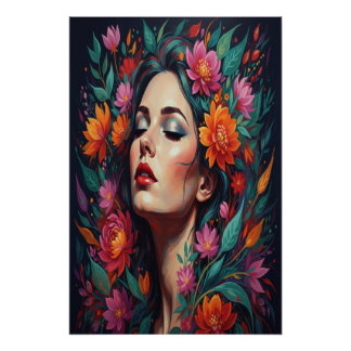 Poster ​"Lush Floral Dream Woman | Vibrant Portrait Art"